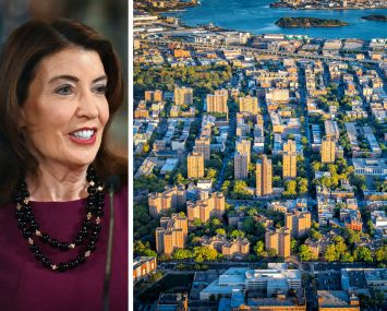 Gov. Kathy Hochul, and an aerial view of The Bronx.