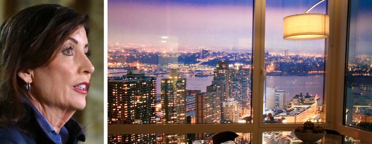 Gov. Kathy Hochul and the view of New York City from an apartment.