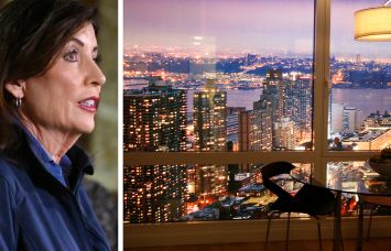 Gov. Kathy Hochul and the view of New York City from an apartment.