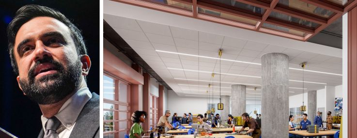 Mayor Zohran Mamdani and a rendering of the proposed Brooklyn Army Terminal Climate Innovation Hub.