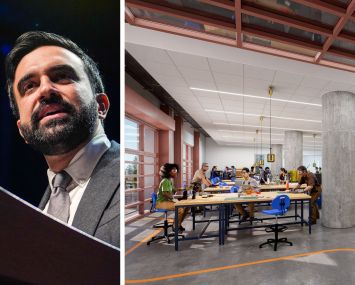 Mayor Zohran Mamdani and a rendering of the proposed Brooklyn Army Terminal Climate Innovation Hub.