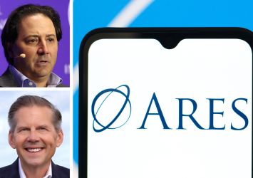 Ares Management CEO Michael Arougheti (top), Whitestone REIT CEO Dave Holeman, and the Ares logo displayed on a cell phone.