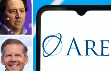 Ares Management CEO Michael Arougheti (top), Whitestone REIT CEO Dave Holeman, and the Ares logo displayed on a cell phone.