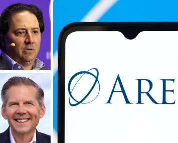 Ares Management CEO Michael Arougheti (top), Whitestone REIT CEO Dave Holeman, and the Ares logo displayed on a cell phone.