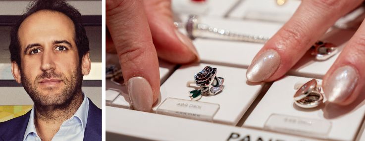 Rudin's Michael Rudin and a display of Pandora jewelry.