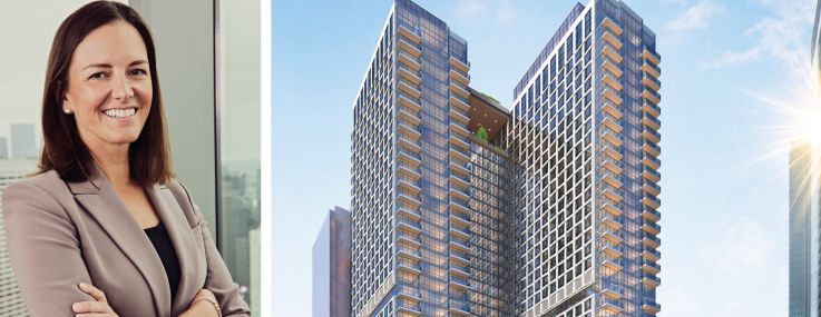 J.P. Morgan's Michelle Herrick and a rendering of 625 Fulton Street, Brooklyn.