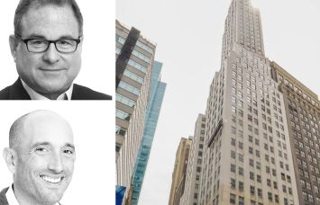JLL's Mitchell Konsker (top) and Greg Wang, and 1450 Broadway.