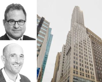 JLL's Mitchell Konsker (top) and Greg Wang, and 1450 Broadway.