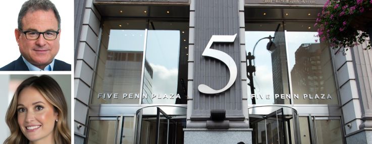 JLL's Mitch Konsker (top), Kristen Morgan (center), and Christine Colley, and 5 Penn Plaza.
