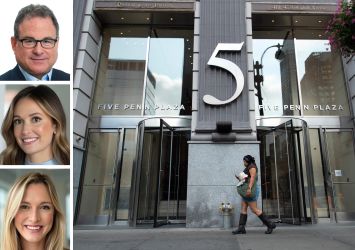 JLL's Mitch Konsker (top), Kristen Morgan (center), and Christine Colley, and 5 Penn Plaza.