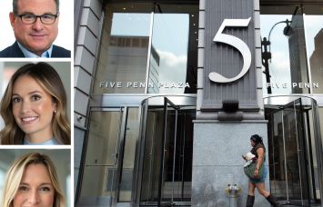 JLL's Mitch Konsker (top), Kristen Morgan (center), and Christine Colley, and 5 Penn Plaza.