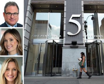 JLL's Mitch Konsker (top), Kristen Morgan (center), and Christine Colley, and 5 Penn Plaza.