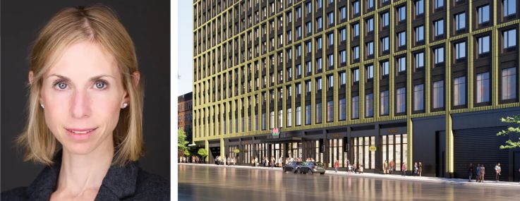 JLL Capital Markets' Nicco Lupo (top) and Lauren Kaufman, and a rendering of The 360 at 350 Grand Concourse, the Bronx.