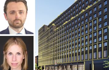 JLL Capital Markets' Nicco Lupo (top) and Lauren Kaufman, and a rendering of The 360 at 350 Grand Concourse, the Bronx.