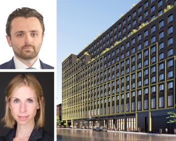 JLL Capital Markets' Nicco Lupo (top) and Lauren Kaufman, and a rendering of The 360 at 350 Grand Concourse, the Bronx.