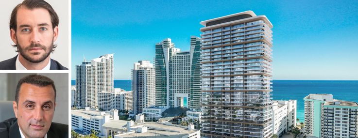 Related Group's Nicholas Pérez (top), BH Group's Isaac Toledano (center), Tyko Capital's Adi Chugh, and a rendering of Icon Beach Waterfront Residences.
