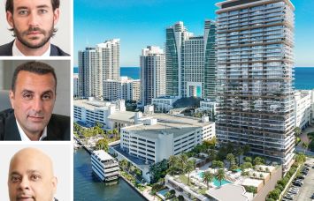 Related Group's Nicholas Pérez (top), BH Group's Isaac Toledano (center), Tyko Capital's Adi Chugh, and a rendering of Icon Beach Waterfront Residences.