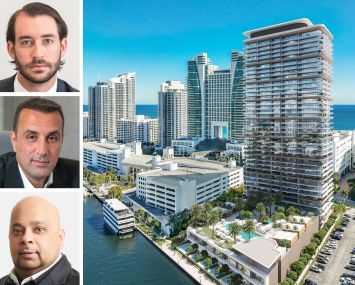 Related Group's Nicholas Pérez (top), BH Group's Isaac Toledano (center), Tyko Capital's Adi Chugh, and a rendering of Icon Beach Waterfront Residences.