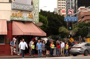 People attend the reopening ceremony for The Original Pantry in downtown Los Angeles in September 2025.