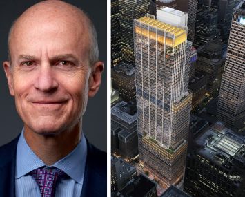 BXP CEO Owen Thomas and a rendering of 343 Madison Avenue.