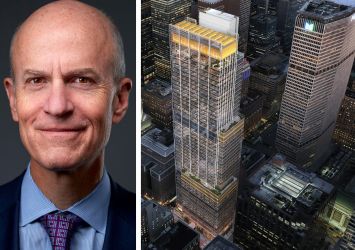 BXP CEO Owen Thomas and a rendering of 343 Madison Avenue.