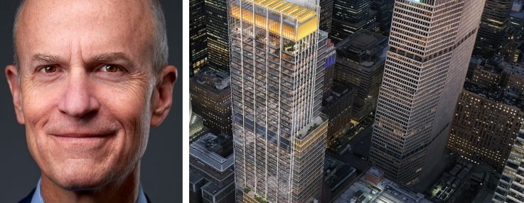BXP CEO Owen Thomas and a rendering of 343 Madison Avenue.