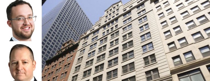 Avison Young's Patrick Steffens (top), Martin Cottingham (center), and Michael Gottlieb, and 45 West 45th Street.