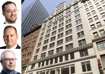 Avison Young's Patrick Steffens (top), Martin Cottingham (center), and Michael Gottlieb, and 45 West 45th Street.