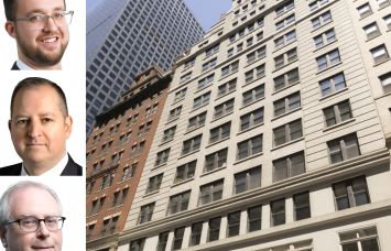 Avison Young's Patrick Steffens (top), Martin Cottingham (center), and Michael Gottlieb, and 45 West 45th Street.
