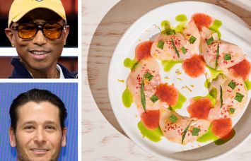 Pharrell Williams (top), Place Projects's Joe Furst, and fluke ceviche from Nami Nori.