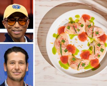 Pharrell Williams (top), Place Projects's Joe Furst, and fluke ceviche from Nami Nori.