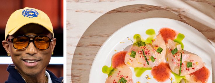 Pharrell Williams (top), Place Projects's Joe Furst, and fluke ceviche from Nami Nori.