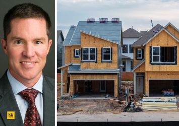 Robert McGibney, president and CEO of KB Home, and houses under various stages of construction.