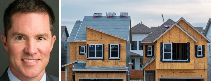 Robert McGibney, president and CEO of KB Home, and houses under various stages of construction.
