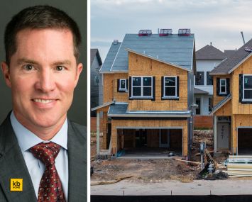 Robert McGibney, president and CEO of KB Home, and houses under various stages of construction.