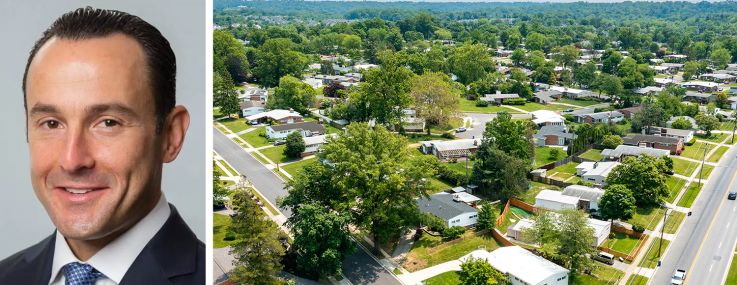 Arrow Real Estate's Ronnie Levine and an aerial view of Pikesville, Md.