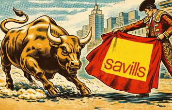 An illustration of the Wall Street bull statue charging a matador with a Savills cape.