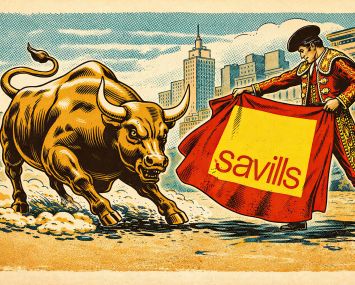 An illustration of the Wall Street bull statue charging a matador with a Savills cape.