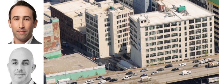 RXR's Scott Rechler (top), CBRE's Ethan Stanton (center) and Michael Mazzara, and 47 Hall Street in Brooklyn.