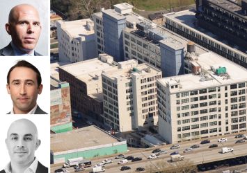 RXR's Scott Rechler (top), CBRE's Ethan Stanton (center) and Michael Mazzara, and 47 Hall Street in Brooklyn.