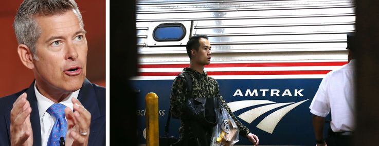 Transportation Secretary Sean Duffy and a passenger boarding an Amtrak train at New York's Penn Station.