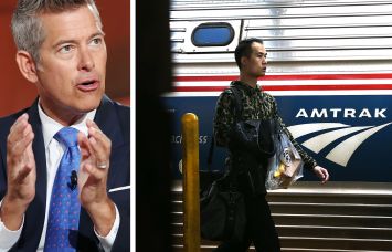 Transportation Secretary Sean Duffy and a passenger boarding an Amtrak train at New York's Penn Station.