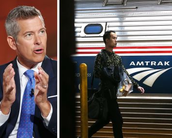 Transportation Secretary Sean Duffy and a passenger boarding an Amtrak train at New York's Penn Station.