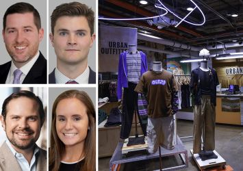Cushman & Wakefield's Sean Moran (clockwise from top left), Patrick O’Rouke, Catherine Merck, and Steven Soutendijk, and an Urban Outfitters store.