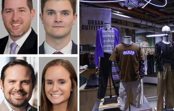 Cushman & Wakefield's Sean Moran (clockwise from top left), Patrick O’Rouke, Catherine Merck, and Steven Soutendijk, and an Urban Outfitters store.