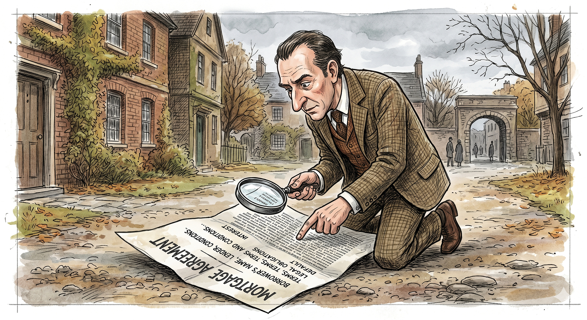 An illustration of an old English detective examining a mortgage agreement with a magnifying glass.