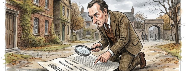 An illustration of an old English detective examining a mortgage agreement with a magnifying glass.