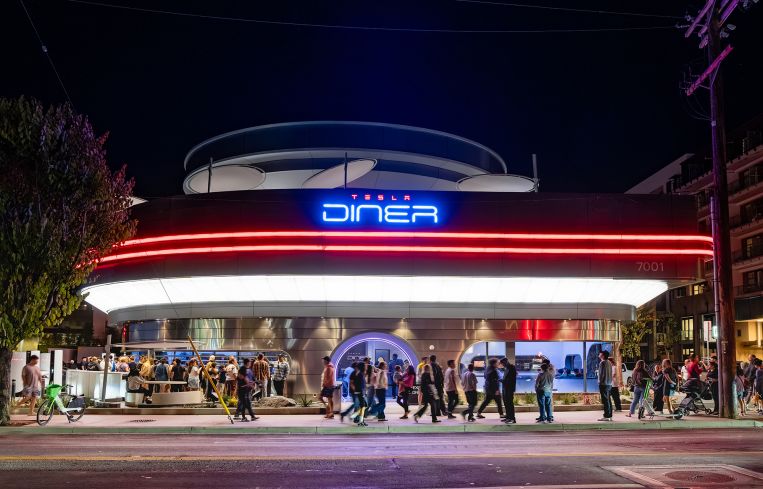 Tesla Diner & Drive-In along Santa Monica Boulevard in Hollywood, Calif.