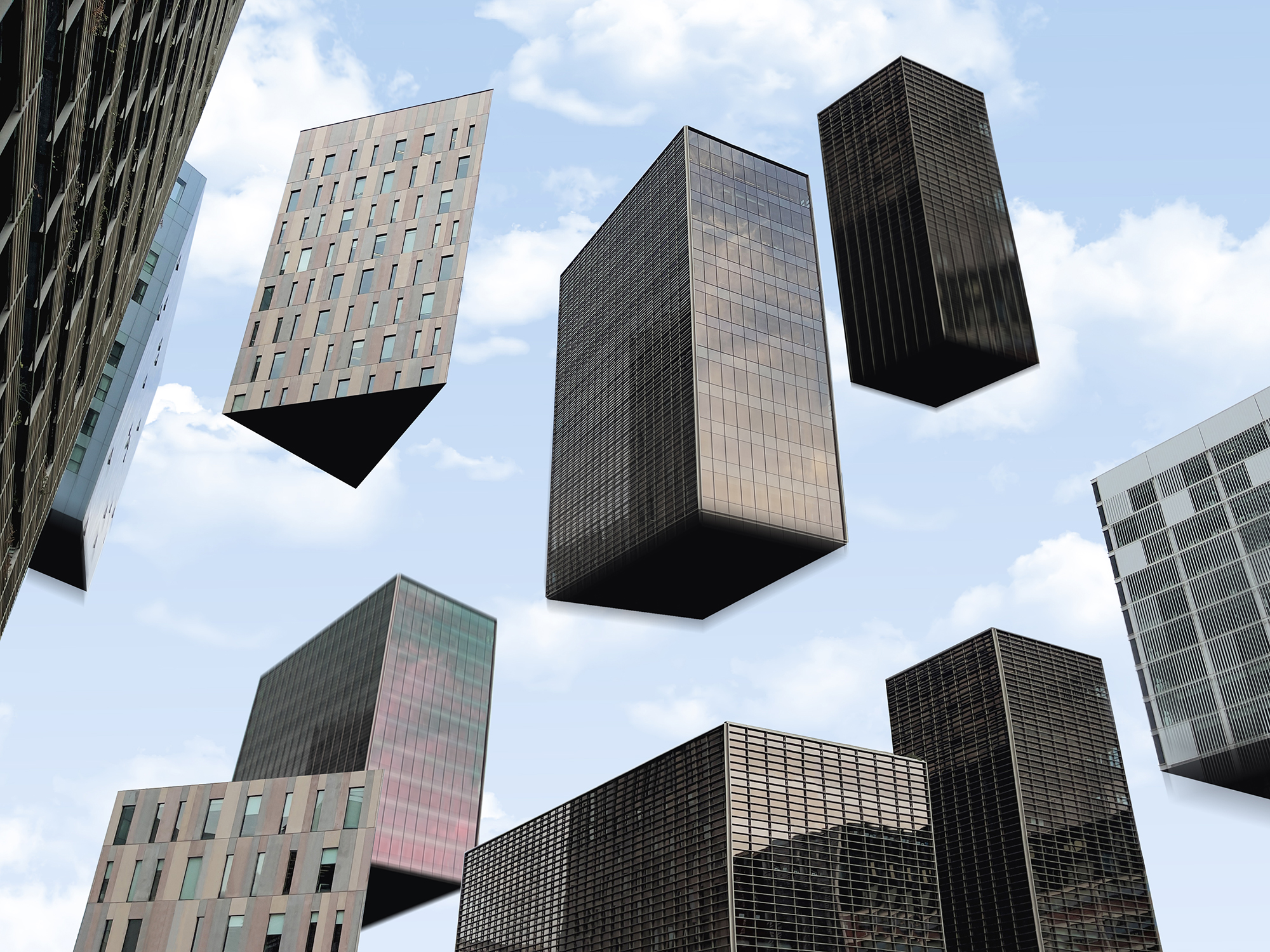 Illustration of buildings levitating like a block stacking video game.
