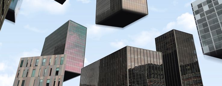 Illustration of buildings levitating like a block stacking video game.